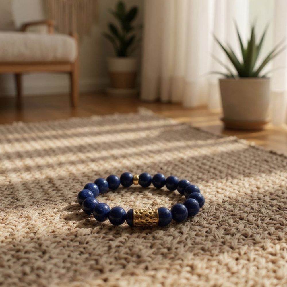 Blue Lapis Lazuli Beaded w/ Gold Elements Stretch Bracelet